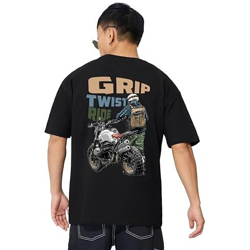Juari Be A Gentlemanmotorcycle Graphic Drop Shoulder T-Shirt, Grip Twist Ride Print, Oversized Fit, Black (In, Alpha, M, Plus, Black)