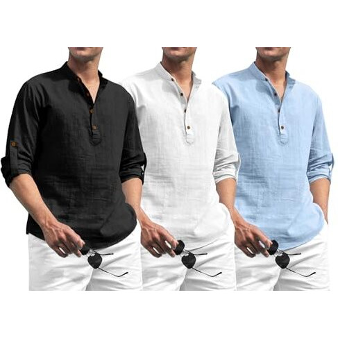 Zombom Combo Of Men's Solid Cotton Blend Full Sleeve Mandarin/Chinese Collor Straight Kurta Shirt (Pack Of 3)