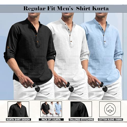 Zombom Combo Of Men's Solid Cotton Blend Full Sleeve Mandarin/Chinese Collor Straight Kurta Shirt (Pack Of 3)