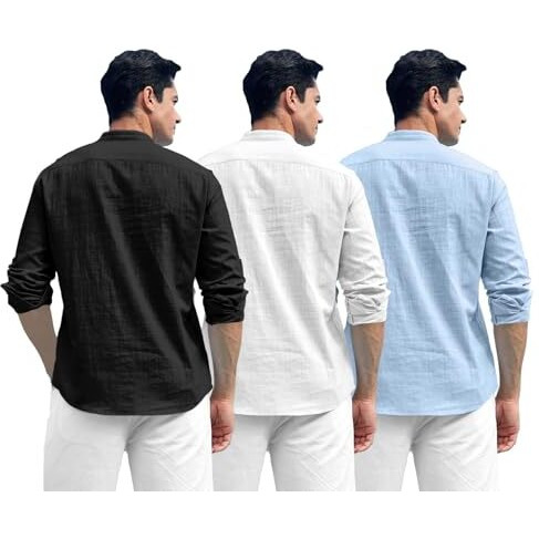 Zombom Combo Of Men's Solid Cotton Blend Full Sleeve Mandarin/Chinese Collor Straight Kurta Shirt (Pack Of 3)