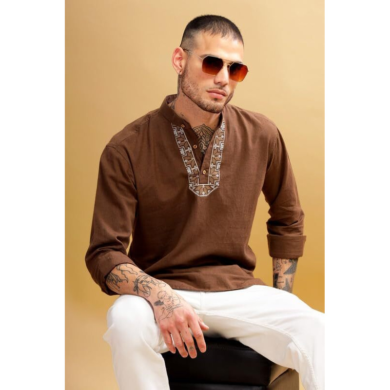 Be Active Men's Neck Embroidery 100% Cotton Short Kurta With Mandarin Collar || Short Kurta For Men Cotton || Stylish Short Kurta || Short Kurta Men (Scpl0175 3 M) Brown