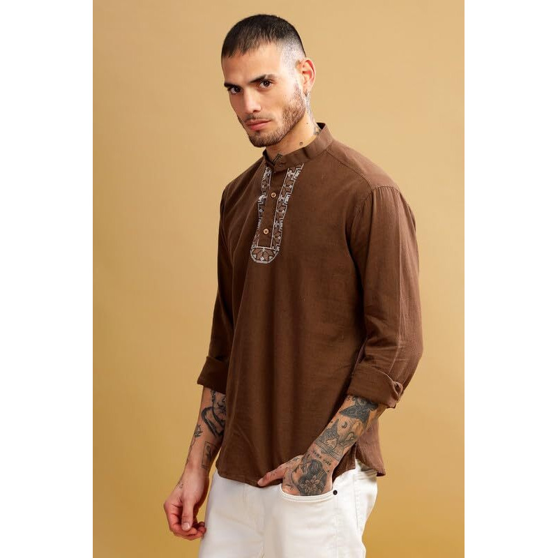 Be Active Men's Neck Embroidery 100% Cotton Short Kurta With Mandarin Collar || Short Kurta For Men Cotton || Stylish Short Kurta || Short Kurta Men (Scpl0175 3 M) Brown