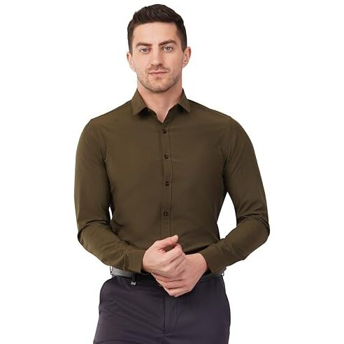 Saintx Solid Slim Fit Men's Flexi Formal Shirt (Saints10_Olive 46)