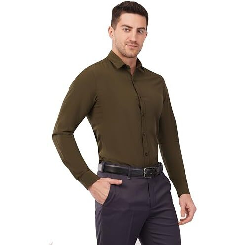 Saintx Solid Slim Fit Men's Flexi Formal Shirt (Saints10_Olive 46)