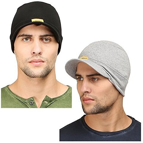 Fabseasons Cotton Skull Cap With Peak, Ideal For All Summer & Winters. Combo Pack Of 2 (Gray, Black)