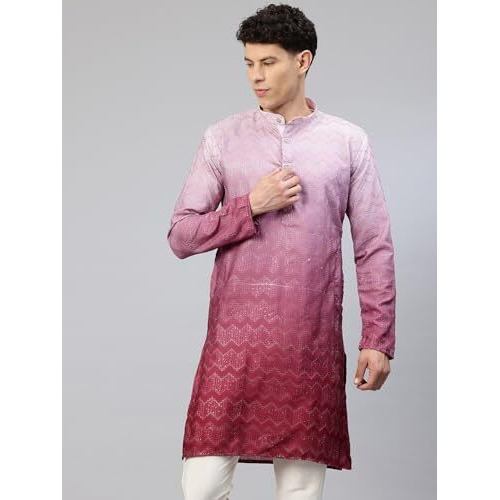 Luxrio Men's Ombre Shaded Sequence Self Embroidered Textured Long Kurta Full Sleeves Red Size Xxl