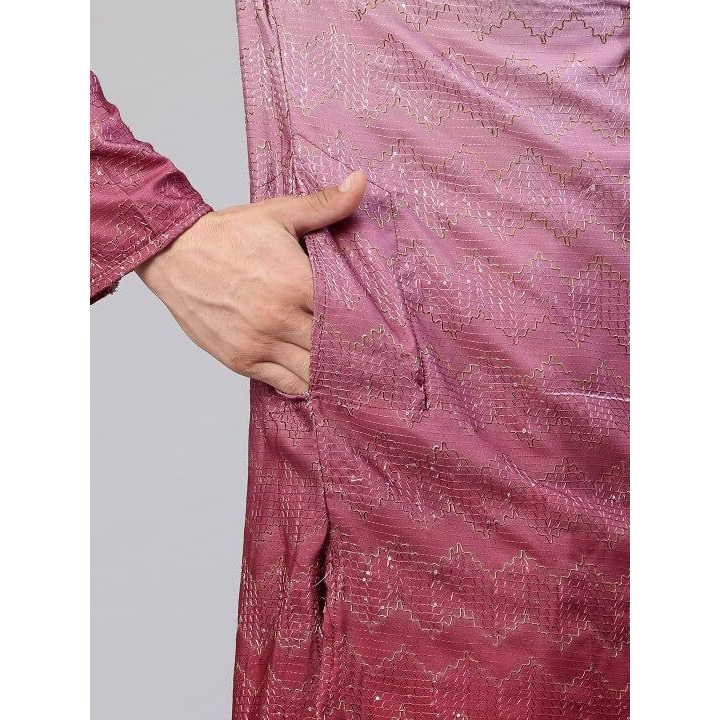 Luxrio Men's Ombre Shaded Sequence Self Embroidered Textured Long Kurta Full Sleeves Red Size Xxl