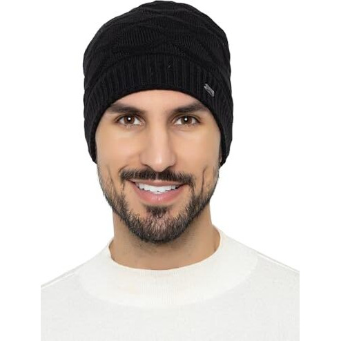 Amoldo Unisex Warm And Soft Winter Woolen Skull Beanie Cap With Fur Lining (Box Design) (Black)