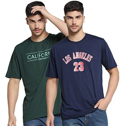 Inkkr Men Printed Round Neck Multicolor T-Shirt (Pack Of 2)(B.Green,Navy)_(L)