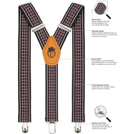 Peluche Honeycomb Black Coloured 3.5Cm Strap Width Elastic Suspenders For Men