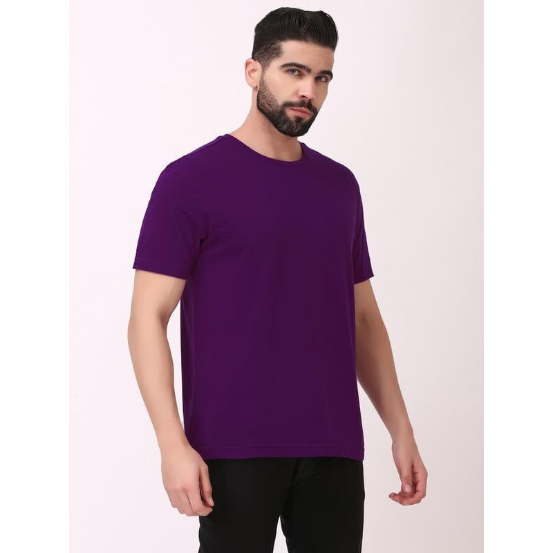 Ghumakkad Half Sleeve Round Neck Cotton Plain Regular Fit T Shirt For Men & Women (Large, Deep Purple)