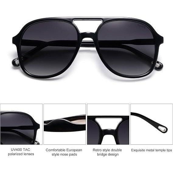 Huvora Retro Polarized Aviator Sunglasses For Women Men Classic 70S Vintage Trendy Square Aviators (Black/Black)