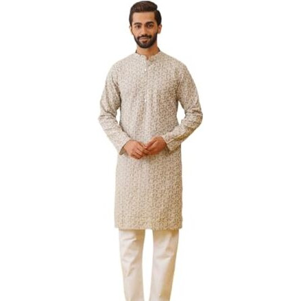 Jompers Men's Grey Chikankari Embroidered Kurta Pyjama Set. (Grey, L)