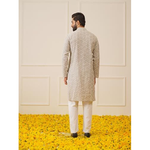 Jompers Men's Grey Chikankari Embroidered Kurta Pyjama Set. (Grey, L)