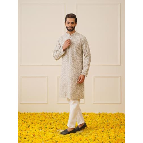 Jompers Men's Grey Chikankari Embroidered Kurta Pyjama Set. (Grey, L)