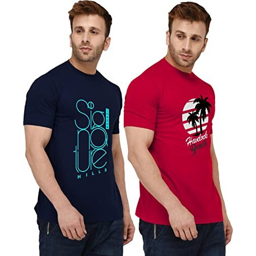 London Hills Men's Half Sleeve 100% Pure Cotton Casual Round Neck Printed Regular Fit Tshirts (Pack Of 2) Blue,Red.