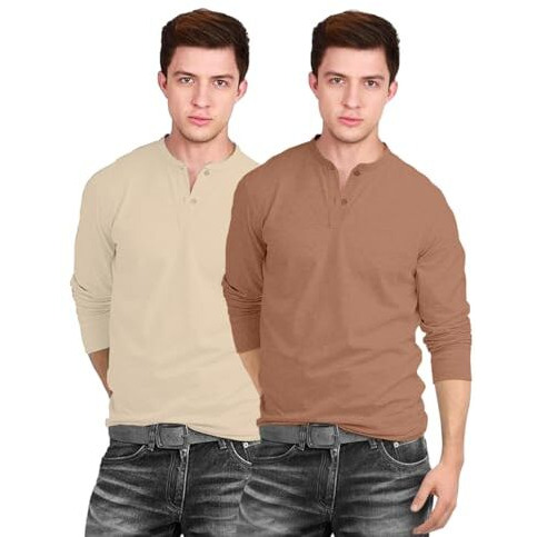 Veirdo Pure 100% Cotton Regular Fit Solid Plain Henley Neck Full Sleeve T-Shirt For Men & Boys (Po2_Hnly_13Sw_17Cr_Xxl)