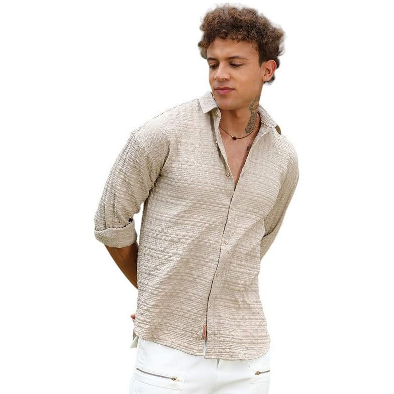 Campus Sutra Men's Saltbox Beige Dimentional-Textured Shirt | Casual Wear | Spread Collar | Long Sleeve | Button Closure | Shirt Crafted With Comfort Fit For Everyday Wear