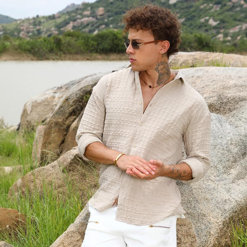 Campus Sutra Men's Saltbox Beige Dimentional-Textured Shirt | Casual Wear | Spread Collar | Long Sleeve | Button Closure | Shirt Crafted With Comfort Fit For Everyday Wear