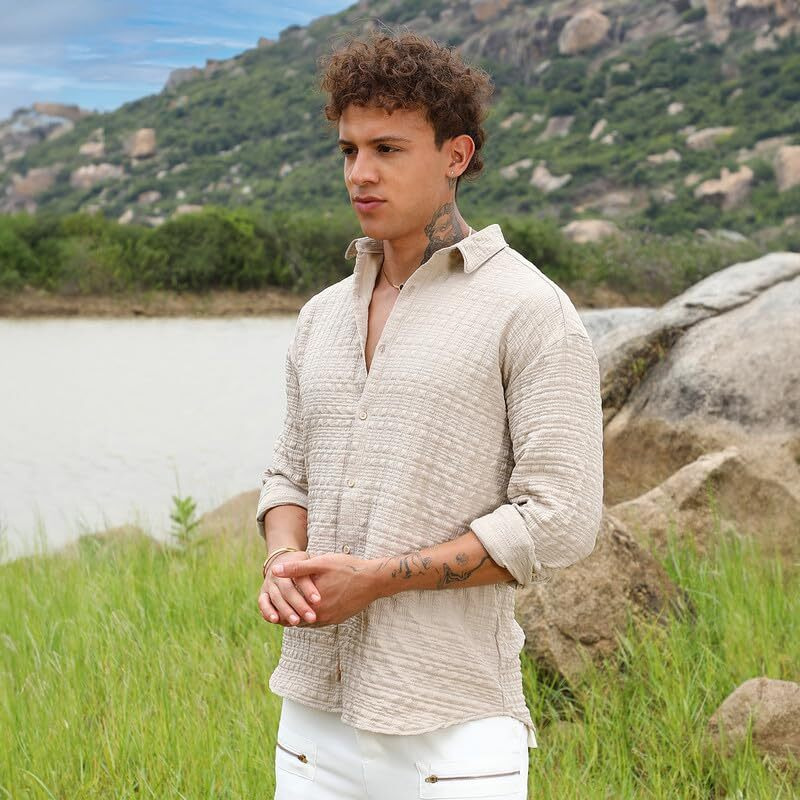 Campus Sutra Men's Saltbox Beige Dimentional-Textured Shirt | Casual Wear | Spread Collar | Long Sleeve | Button Closure | Shirt Crafted With Comfort Fit For Everyday Wear