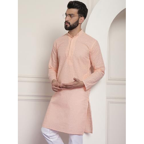 Sojanya (Since 1958 Ethnic Motifs Embroidered Thread Work Pure Cotton Peach Straight Only Kurta