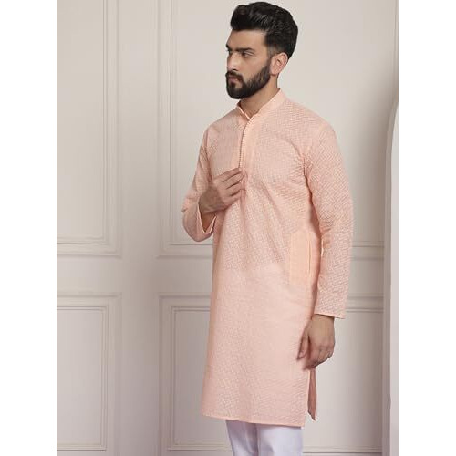 Sojanya (Since 1958 Ethnic Motifs Embroidered Thread Work Pure Cotton Peach Straight Only Kurta