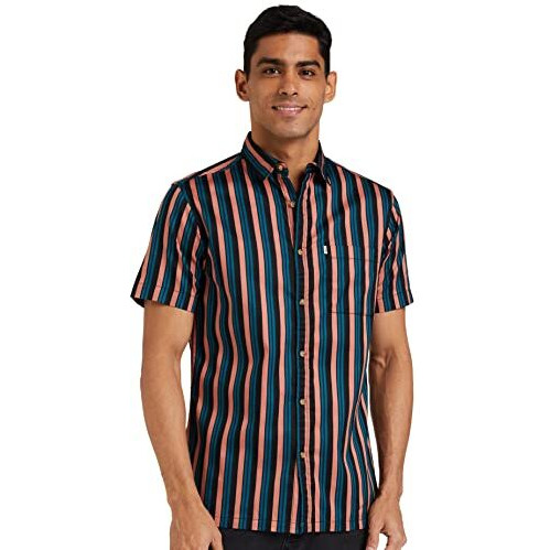 Amazon Brand - Inkast Men's Cotton Striped Slim Shirt (Ik-S22-Cs-04_Black-Muted Stripe M)