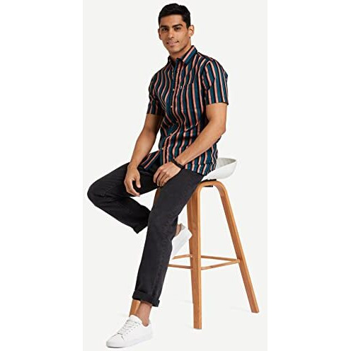 Amazon Brand - Inkast Men's Cotton Striped Slim Shirt (Ik-S22-Cs-04_Black-Muted Stripe M)