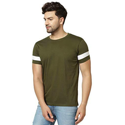 London Hills Men's Half Sleeve 100% Pure Cotton Casual Round Neck With Stripe On Arm, Regular Fit Non-Shrinkable T-Shirts Olive