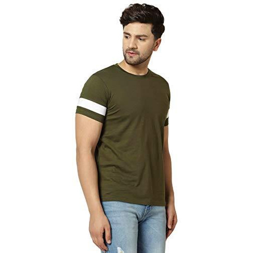 London Hills Men's Half Sleeve 100% Pure Cotton Casual Round Neck With Stripe On Arm, Regular Fit Non-Shrinkable T-Shirts Olive