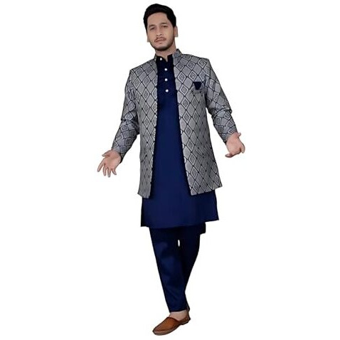 Amzira Mens Jacquard Ethnic Wear Kurta Pajama & Ethnic Jacket Set (Blue,M Size)