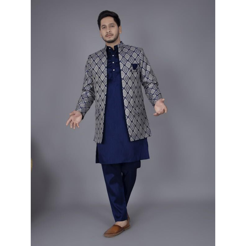 Amzira Mens Jacquard Ethnic Wear Kurta Pajama & Ethnic Jacket Set (Blue,M Size)