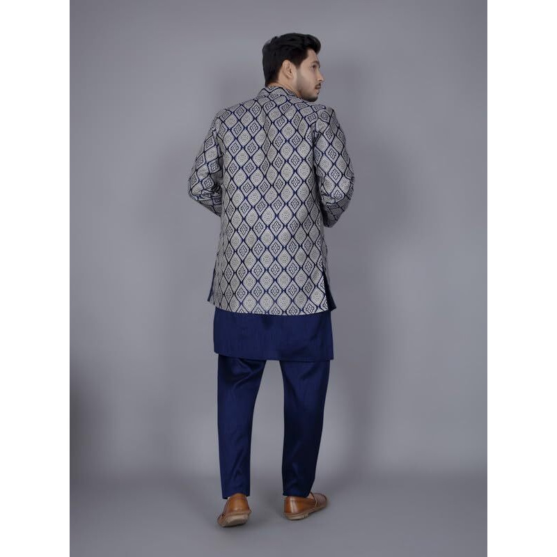 Amzira Mens Jacquard Ethnic Wear Kurta Pajama & Ethnic Jacket Set (Blue,M Size)