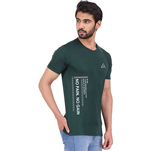 London Hills Men Polyester Printed Round Neck Green Half Sleeve Slim Fit T-Shirt, Medium
