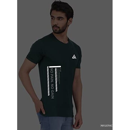 London Hills Men Polyester Printed Round Neck Green Half Sleeve Slim Fit T-Shirt, Medium