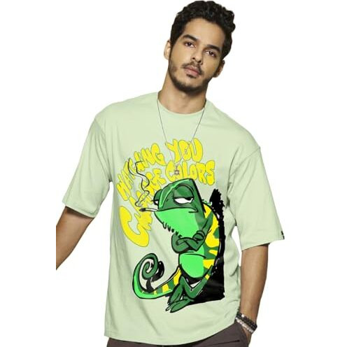 Bewakoof Men's Watching You Change Colours Graphic Printed 100% Cotton T-Shirt - Oversized Fit, Round Neck, Half Sleeves_592039_Green_2Xl