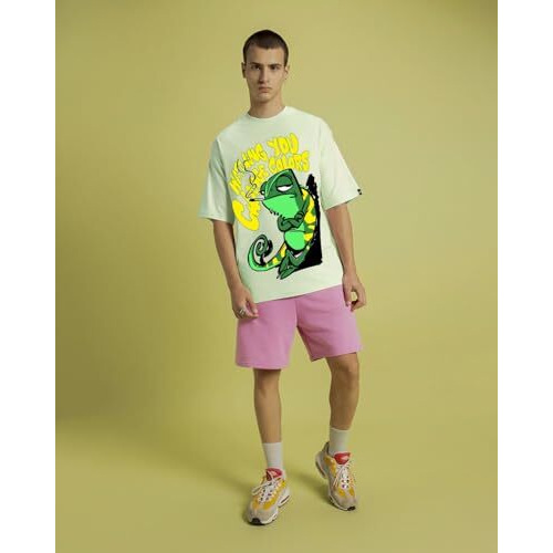 Bewakoof Men's Watching You Change Colours Graphic Printed 100% Cotton T-Shirt - Oversized Fit, Round Neck, Half Sleeves_592039_Green_2Xl
