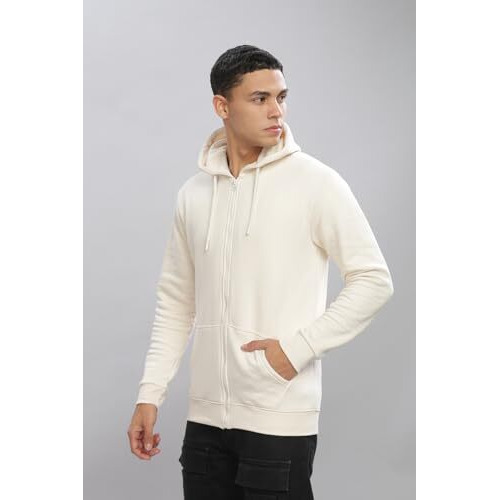 Adro Men's Cotton Neck Hooded Sweatshirt (Zhh-24-Pln-Ws_White Sand
