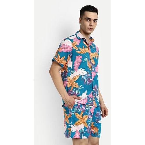 Greciilooks Mens Rayon Floral Pajama Set Regular Fit Pajama Set (Blue, Medium)