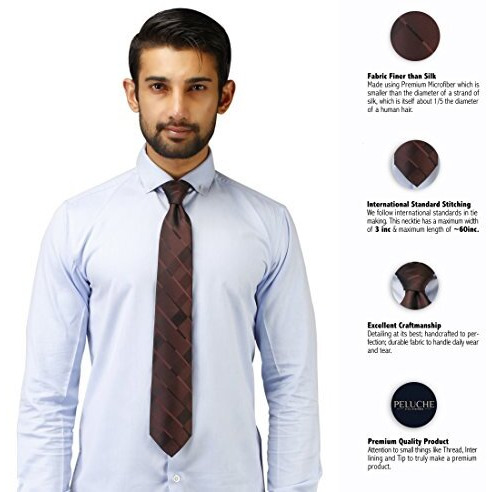 Peluche Geometrical Brown & Black Colored Microfiber Necktie For Men