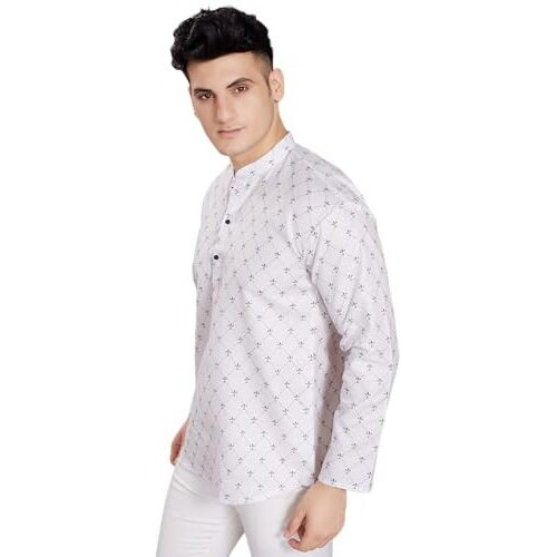 Divisive Men's Pure Cotton Relaxed Fit Printed Short Kurta (Dkrt445_Xl_White)