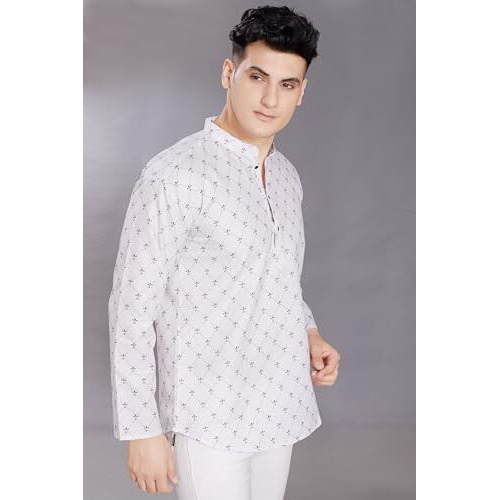 Divisive Men's Pure Cotton Relaxed Fit Printed Short Kurta (Dkrt445_Xl_White)