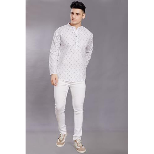 Divisive Men's Pure Cotton Relaxed Fit Printed Short Kurta (Dkrt445_Xl_White)
