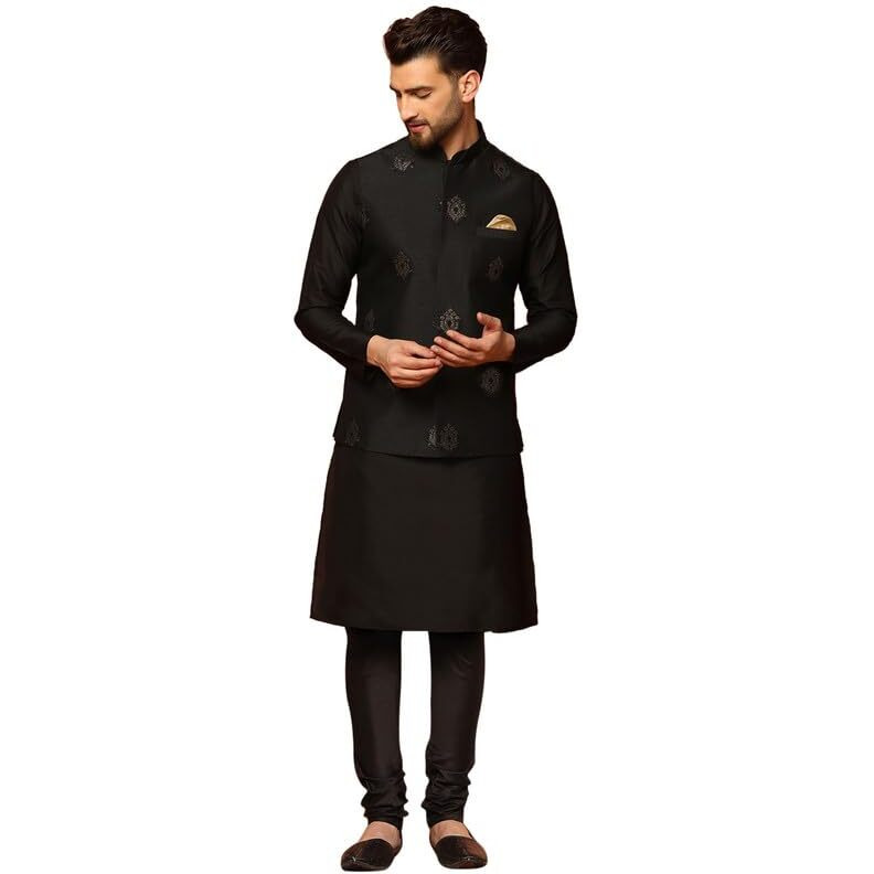 Kisah Mens Kurta Jacket Churidar Set, Silk Blend Jacquard Mandarin Collar Long Sleeves, Black Ethnic Wear Set For Men, 44