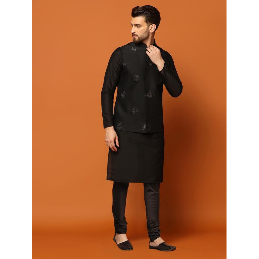 Kisah Mens Kurta Jacket Churidar Set, Silk Blend Jacquard Mandarin Collar Long Sleeves, Black Ethnic Wear Set For Men, 44