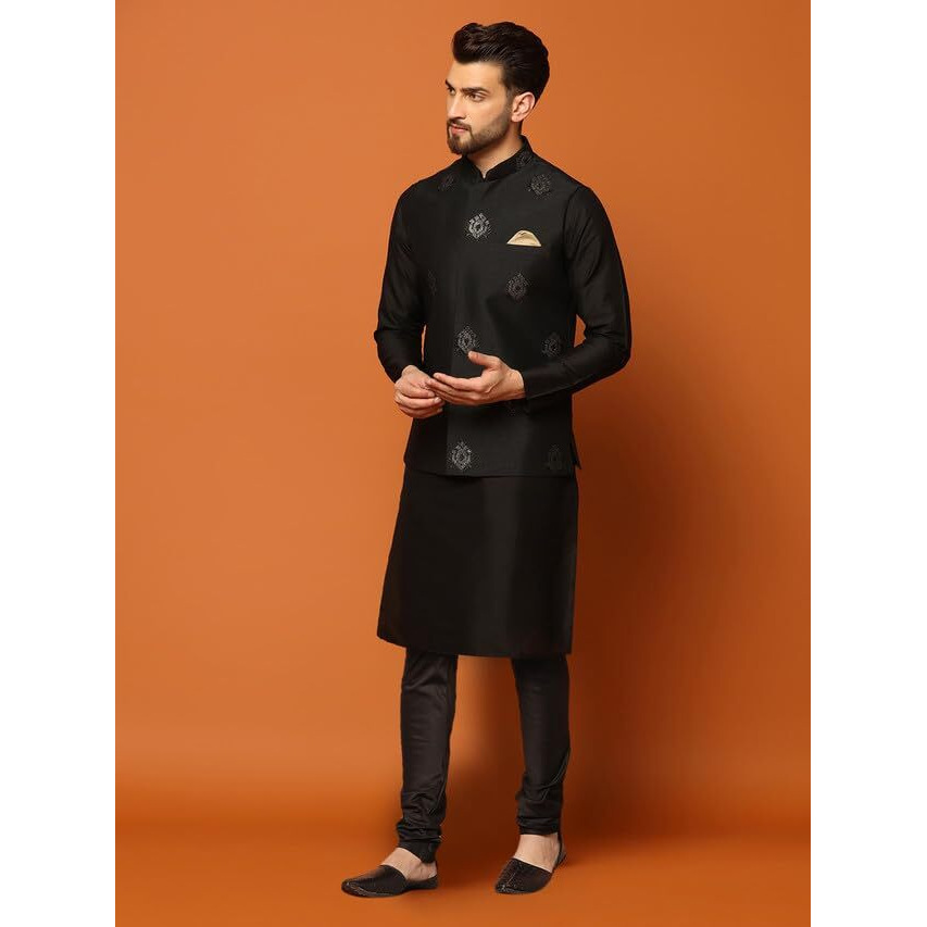 Kisah Mens Kurta Jacket Churidar Set, Silk Blend Jacquard Mandarin Collar Long Sleeves, Black Ethnic Wear Set For Men, 44