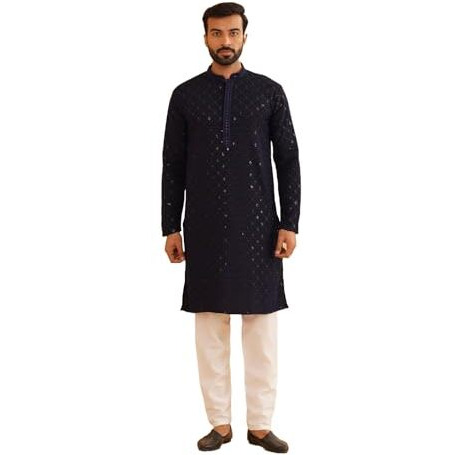 Sojanya (Since 1958 Men's Cotton Gold Embroidered Sequinned Navy Kurta With White Churidar Pyjama