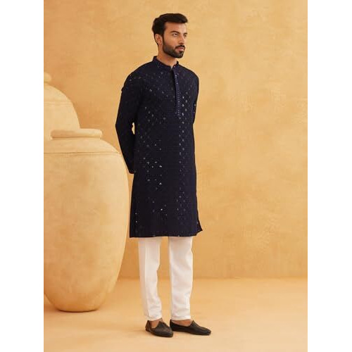 Sojanya (Since 1958 Men's Cotton Gold Embroidered Sequinned Navy Kurta With White Churidar Pyjama