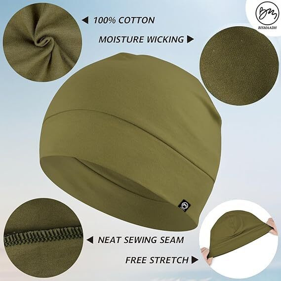 Bismaadh Cotton Skull Caps For Men Women, Lightweight Beanie Sleep Hats Breathable Helmet Liner Olive, Free Size