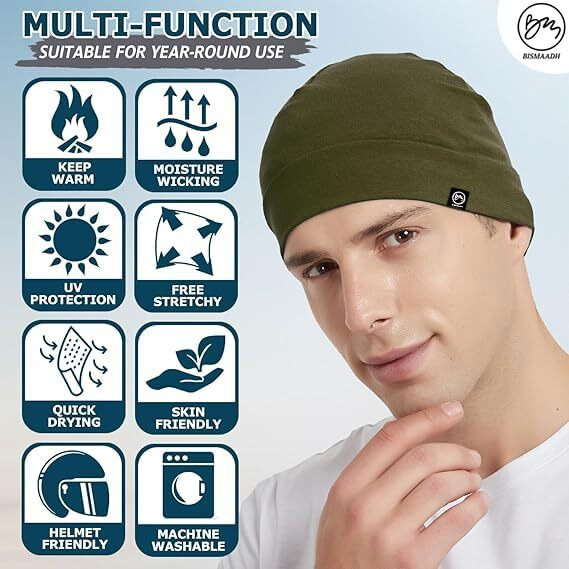 Bismaadh Cotton Skull Caps For Men Women, Lightweight Beanie Sleep Hats Breathable Helmet Liner Olive, Free Size